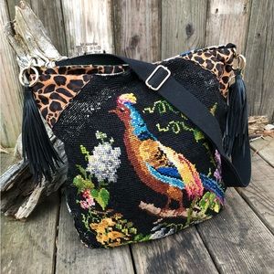 New Upcycled Vintage Needlepoint Tapestry Crossbody Bag Purse Leopard Strap Bird